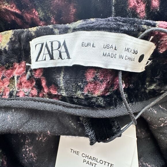 NWT Zara L The Charlotte black wide leg velvet floral trouser pants  Black Red - Picture 4 of 13